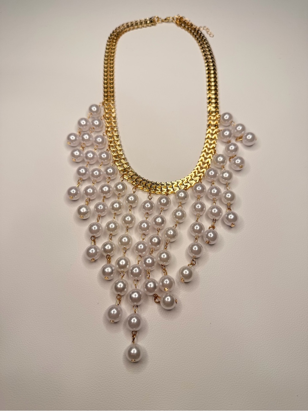 Gold-Tone Layered Pearl Bib Necklace - White Pearls - Picture 9 of 10